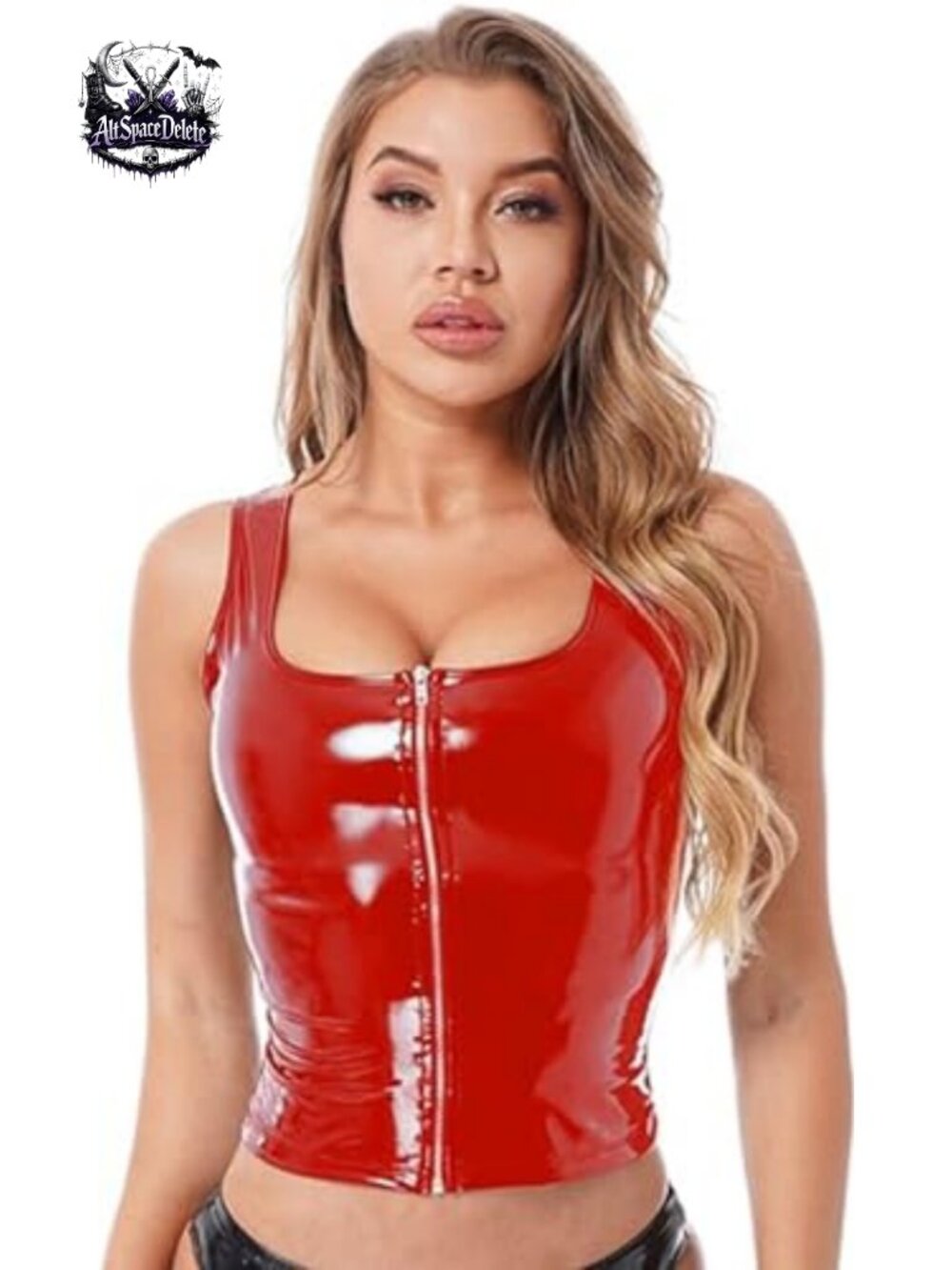 Faux Leather Zipper Front Slim Fit Vest Sleeveless U Neck Punk Gothic Tank Top